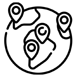 A black outline image of the earth with pin-point location markers on different countries.