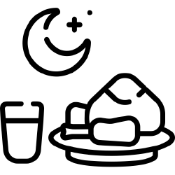 A black outline image of a meal on a plate sat beside a glass of water. At the top of the image is a crescent moon.