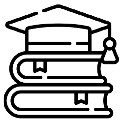A black outline image of a school graduation cap sat on top of a stack of books.